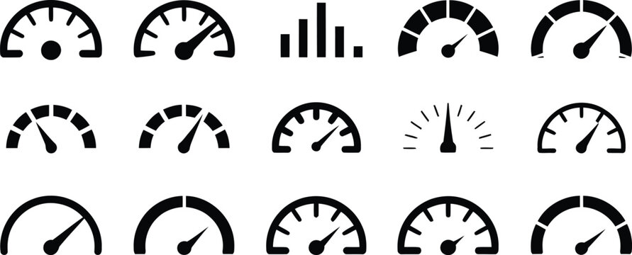 Set of various speedometers and gauges, representing speed, performance, and measurement icons