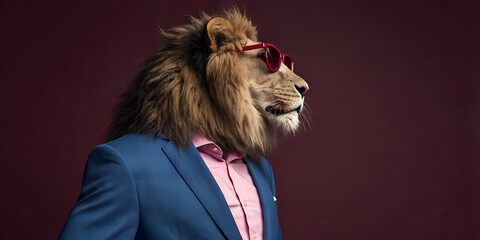 Anthropomorphic lion fashion portrait, human-like face and posture, wearing elegant tailored blue suit and pink shirt, red sunglasses, luxury high fashion editorial style, cinematic studio lighting, d