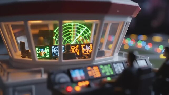 Air traffic controllers monitor radar screens at night in a control tower.