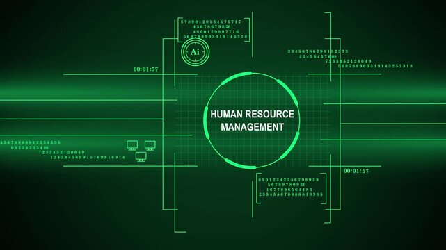 Human Resource Management Concept on a Futuristic Digital HUD Screen with AI Icon and Data Analytics Elements in Glowing Green