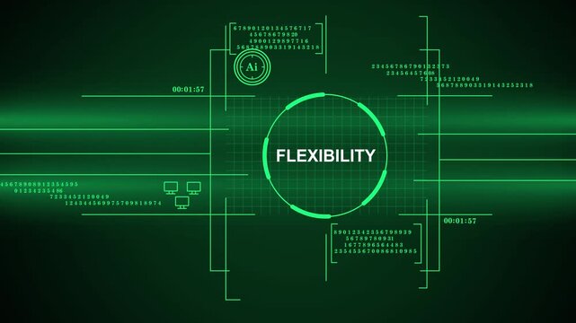 A high-tech digital heads-up display (HUD) background featuring glowing green neon graphics, grid lines, scrolling data numbers, and the word Flexibility centrally displayed, symbolizing technological