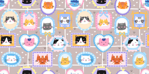 Seamless cute cat pattern with kawaii kitten faces, hearts, and soft gingham. Designed for nursery fabrics, baby wallpaper, and sweet gift wrapping © alia.kurianova