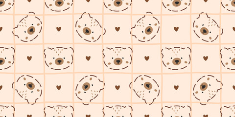 Obraz premium Seamless cute teddy bear pattern with hearts and a soft pastel gingham background. Designed for baby products, kids wallpaper, and sweet gift wrapping
