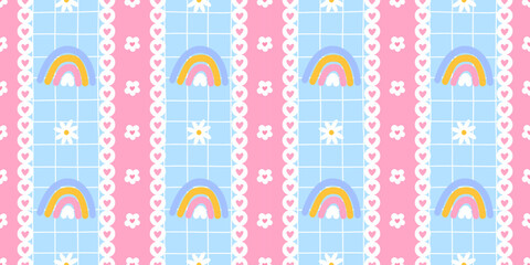 Fototapeta premium Seamless rainbow pattern with heart on pastel blue gingham for kids fabric, nursery decor, wrapping paper, wallpaper and gift packaging