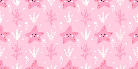 Marine seamless pattern with star shapes, coral, and playful underwater animals. Ideal for kids textiles, greeting paper, and tropical surface designs