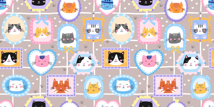 Seamless cute cat pattern with kawaii kitten faces, hearts, and soft gingham. Designed for nursery fabrics, baby wallpaper, and sweet gift wrapping