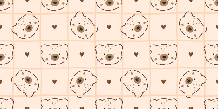 Seamless cute teddy bear pattern with hearts and a soft pastel gingham background. Designed for baby products, kids wallpaper, and sweet gift wrapping