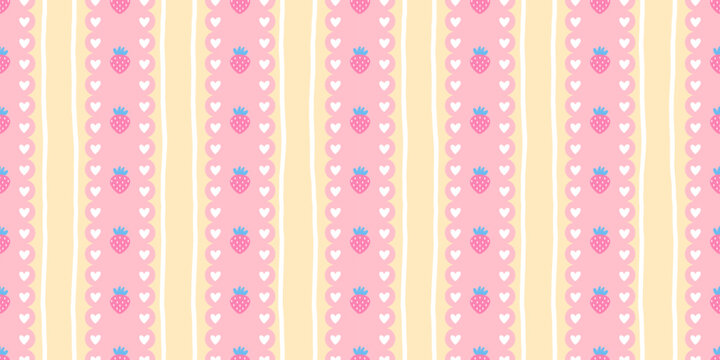 Cute strawberry seamless background with pink and yellow plaid and heart accents. Ideal for wallpaper, tablecloth prints, and kawaii summer designs