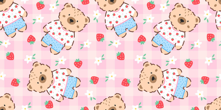 Cute teddy bear repeat pattern with flowers, strawberry, and a cozy gingham background. Suitable for kids clothing, baby accessories, and charming packaging designs