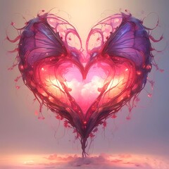 Magical Valentine heart with fairy wings, dreamy romantic mood, soft lighting