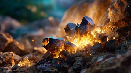 rare earth minerals and glowing crystals embedded in rock representing futuristic clean energy and sustainability