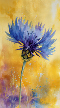 Flor morada de cardo con tallo verde sobre fondo amarillo. Pintura de acuarela en vertical para decoraciones y tarjetas