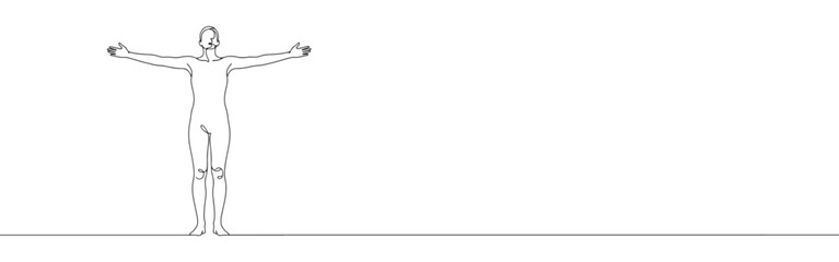 Obraz premium Continuous line drawing of a person with arms outstretched, symbolizing freedom, openness, and welcome