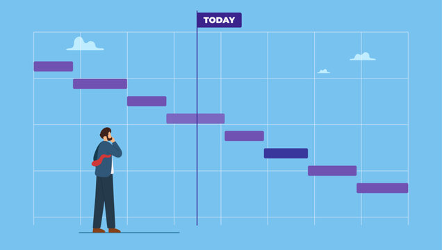 Businessman, project manager review project timeline gantt chart. Project timeline or schedule, planning for resource on working tasks, development plan, deadline to launch product, workflow.