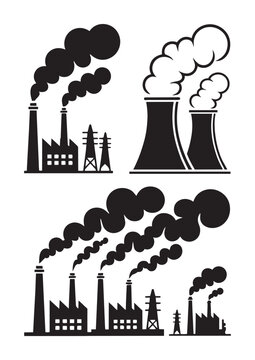 Industrial factory silhouettes with smokestacks and smoke factories pollution