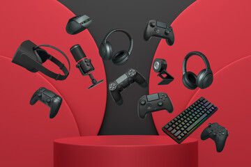 Naklejka premium Multiple gaming devices and accessories floating above podium against abstract background, concept of modern gaming tech