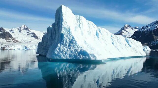Majestic iceberg calmly floating in the clear blue waters of the arctic, with a stunning reflection and snow capped mountains in the background, a beautiful display of pristine polar nature