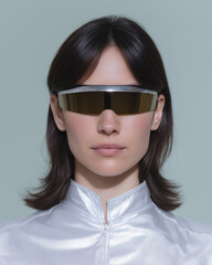 Futuristic woman portrait cyberpunk visor glasses silver jacket sci fi fashion minimal background technology sleek style