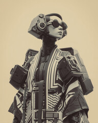 Futuristic android woman, cyberpunk fashion, striped coat, mechanical headset, retro style, confident pose