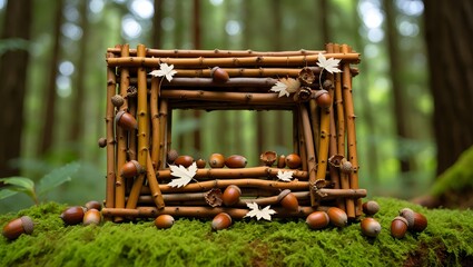 Rustic Wooden Frame with Acorns and Autumn Leaves on Mossy Forest Floor