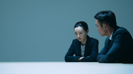 Two business professional serious meeting dark office businesswoman businessman negotiation tension conflict corporate