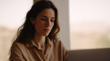 Young woman working laptop indoors, natural light, casual outfit, focused expression, calm mood, modern lifestyle