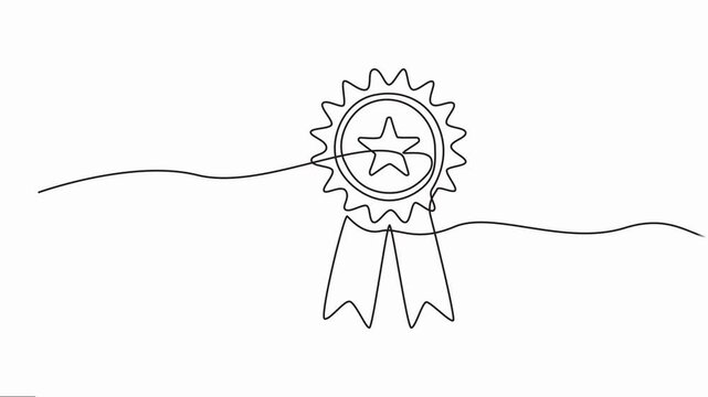 Star with ribbon of honor continuous line video. Winner icon in hand drawn style motion, Animated self drawing of Award badge continuous one line drawing vector illustration on white background.