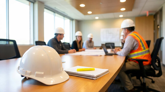 Group of construction workers collaborating in a meeting room with safety helmets discussing project plans and strategies while seated around a conference table in a modern office environment - Powered by Adobe