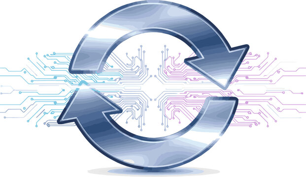 Isolated a realistic Two arrows icon on abstract technology background - update symbol. 3d symbol update, refresh icon - 3d rendering vector art with white background.