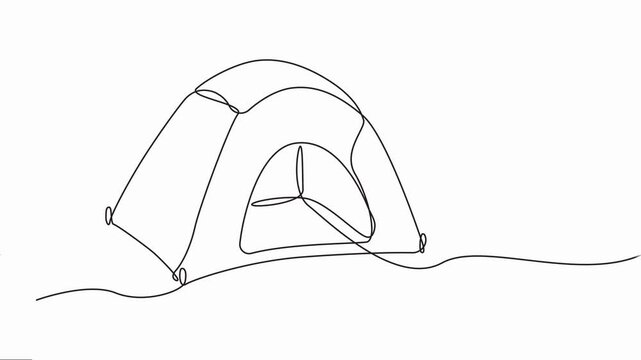 Self-drawing line animation tourist tent continuous one single line drawn concept video, Full length animation, family adventure camping scene. Full-length animation, tent camping in outdoor travel.