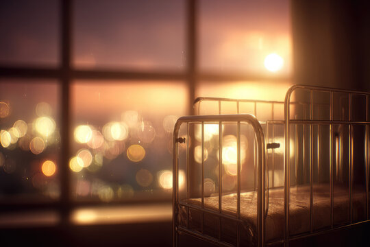 Hospital bassinet stands empty near large window with warm sunset light streaming in, creating peaceful and serene atmosphere in quiet hospital room