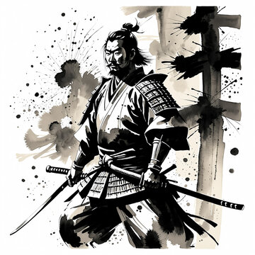 Traditional Japanese sumi-e style illustration of a brave samurai warrior with katana, ink wash painting on white background.