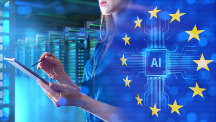 Data center, Digital regulation. Analyst works on tablet with EU AI interface over server racks, compliance monitoring and technology governance.