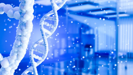 Biotechnology research, Genetic science. DNA double helix visualization in laboratory environment, molecular analysis and medical innovation.