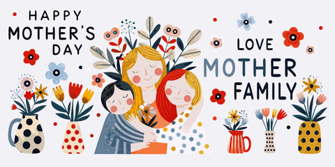 Obraz premium A heartwarming illustration of a mother and child embracing surrounded by flowers