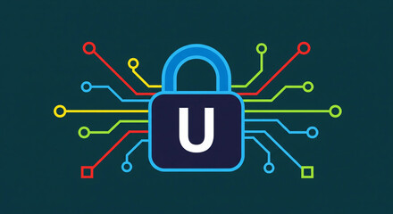 Digital security concept with a padlock and circuit board connections representing data protection
