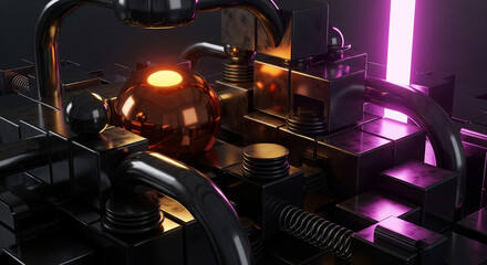 Futuristic glowing mechanism: a complex industrial machine with purple light and a radiant core