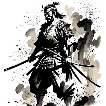 Traditional Japanese sumi-e style illustration of a brave samurai warrior with katana, ink wash painting on white background.