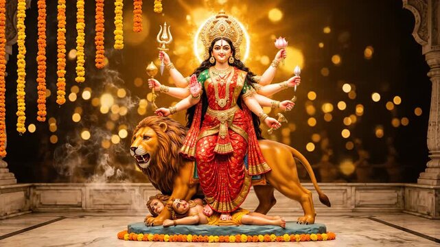 Durga Maa Statue Hindu Festival Navratri Worship Gold Background