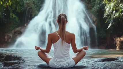 A woman sits in meditation position by a waterfall surrounded by trees in daylight, doing yoga and relaxing