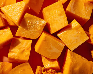 a close-up of freshly cut orange pumpkin