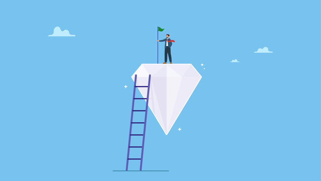 Businessman holding winning flag on precious high value diamond. Value proposition, company value in marketing term of benefit for customer to buy product and service, quality or advantage.