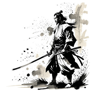 Traditional Japanese sumi-e style illustration of a brave samurai warrior with katana, ink wash painting on white background.