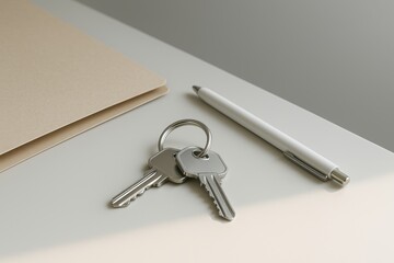 Keys and pen on modern office desk with folder, minimal workspace organization and clean professional work environment