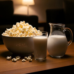 A Bowl of Popcorn with a Glass and Pitcher of Milk on a Wooden Table in a Dark Room