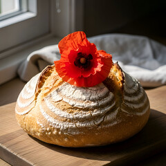 Artisanal Sourdough Bread Loaf with Fresh Red Poppy Flower on Top, Placed on Wooden Cutting Board in Cozy Indoor Setting with Natural Light