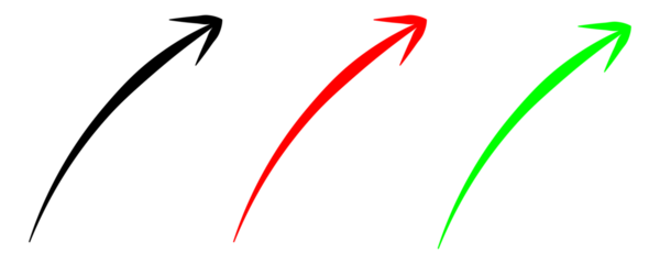 Collection of three dynamic hand-drawn upward curving arrows in black, red, and green colors