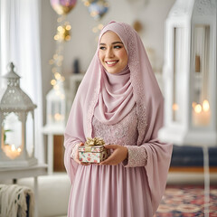 Smiling Muslim Woman Wearing Pink Hijab and Dress Holding Gift Box in Modern Living Room with Balloons and Lanterns