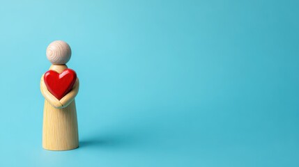 Empathetic leadership action wooden figure holding heart icon in minimalist environment
