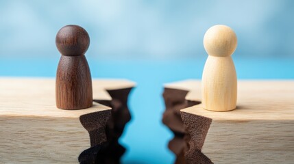 Wooden mannequin pushing wedge into wooden gap workshop image creative space close-up action of precision alignment